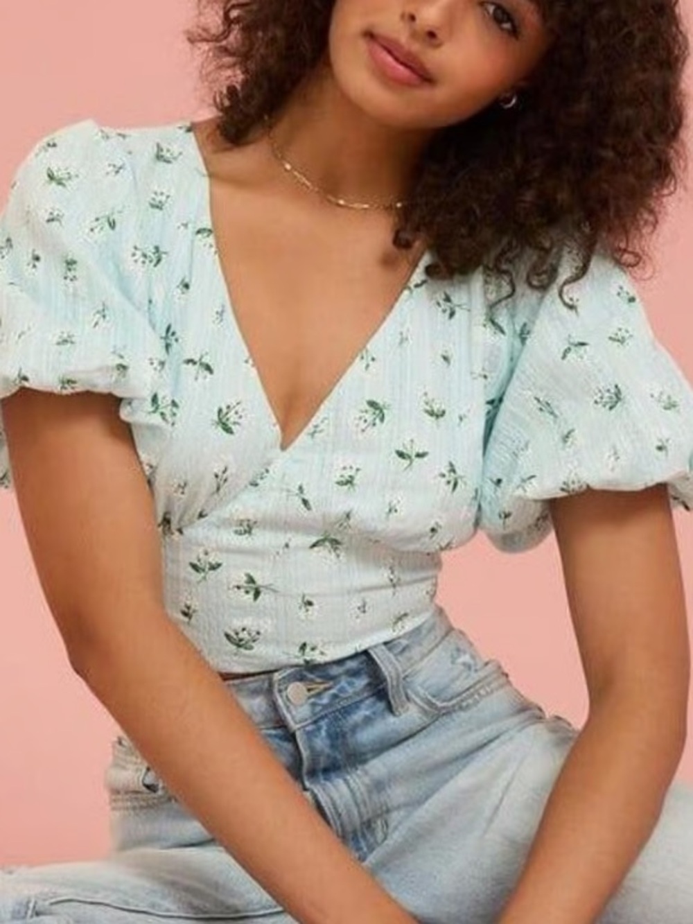 Altar'd State Blue Tie Back Puff Sleeve Crop Top Blouse Coquette Size Small